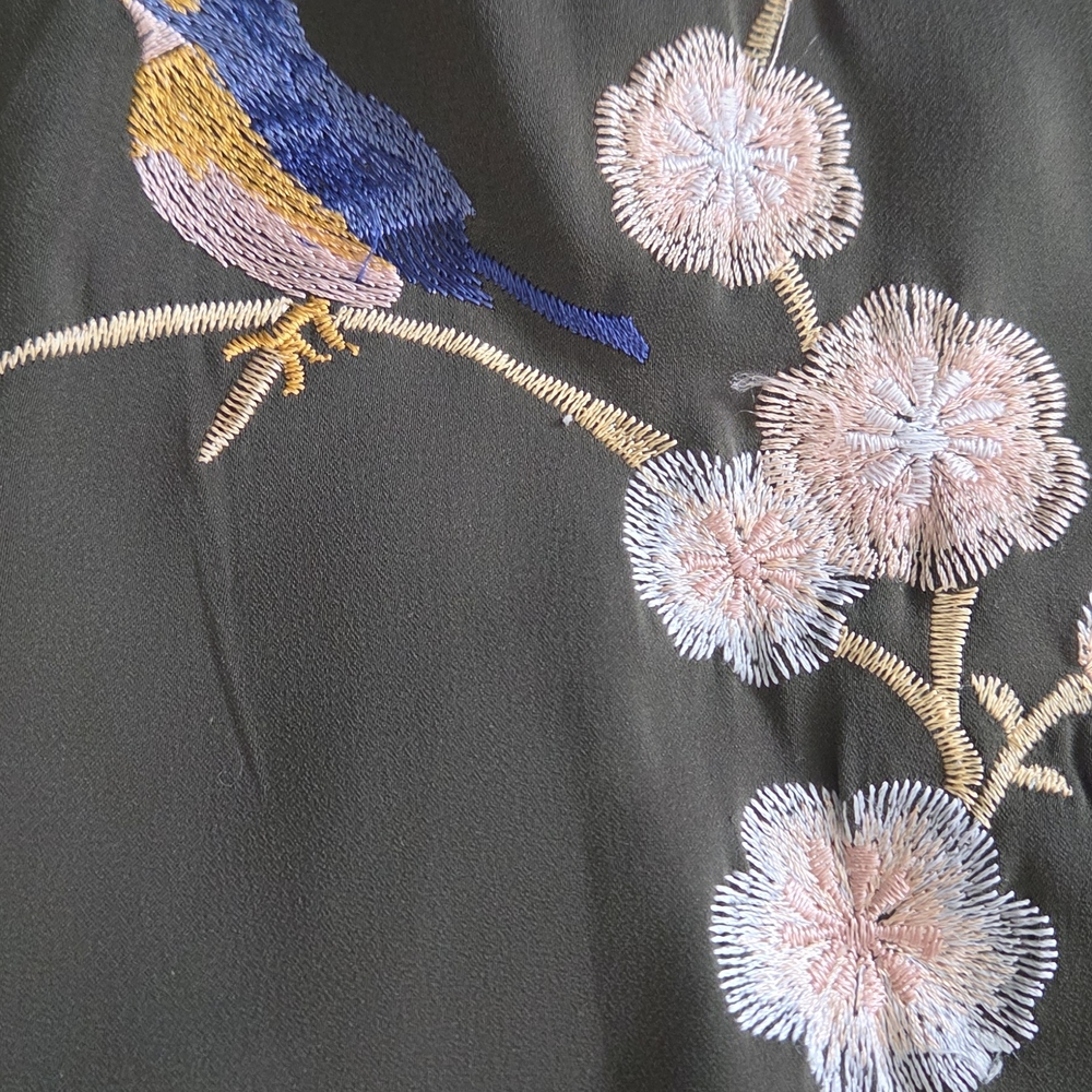 Forever 21 Olive Bomber Jacket with Blue & Pink Embroidered Birds - Picture 3 of 8
